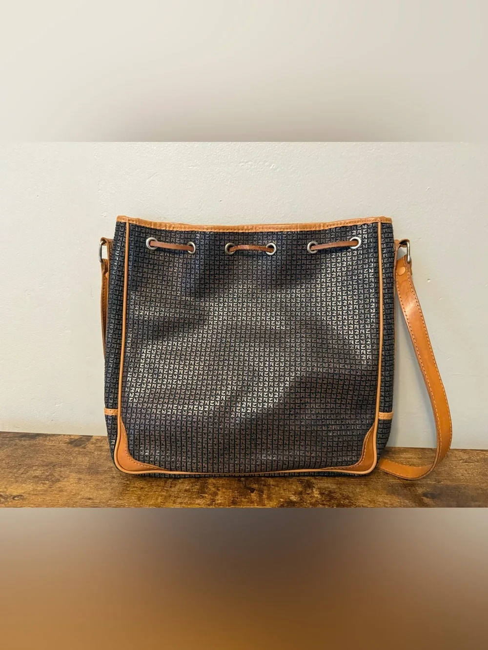 Vintage Ted Lapidus Crossbody Bucket Bag with Tan Trim